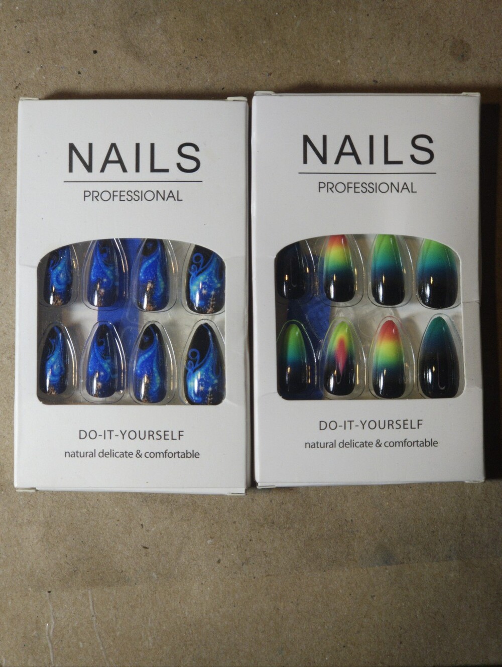 NIB Press On Nails Bundle Set of 2 Blue Swirl + Rainbow Fire Ombre Coffin Shape